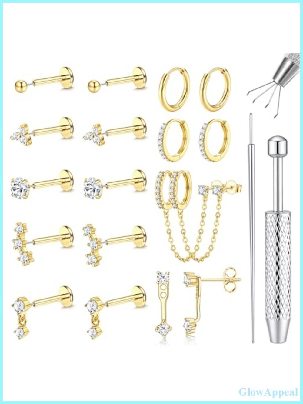 Hypoallergenic 14K Gold Plated Threadless Flat Back Stud Earrings Set for Women